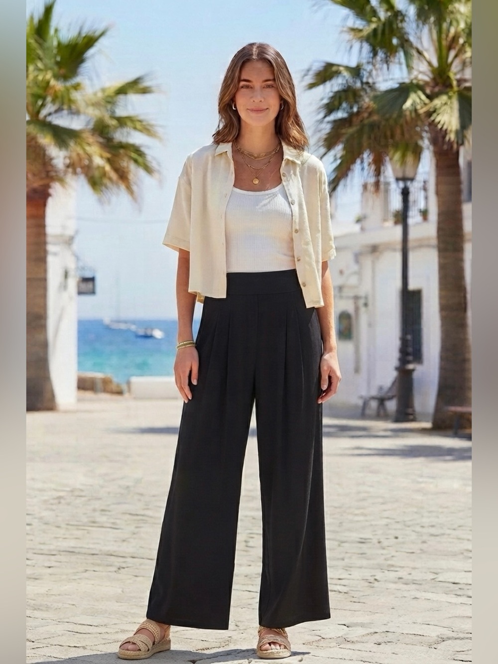 Women’s Black Self-Double Layer Wide Leg Pants Large
